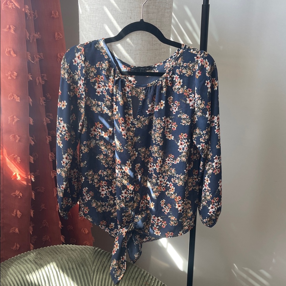 West Kei Dark Blue Floral Blouse with Tie Detail